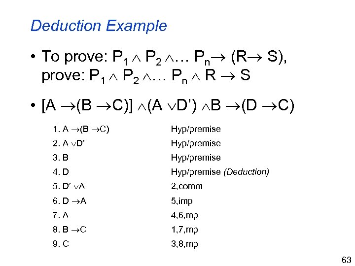 Deduction Example • To prove: P 1 P 2 … Pn (R S), prove: