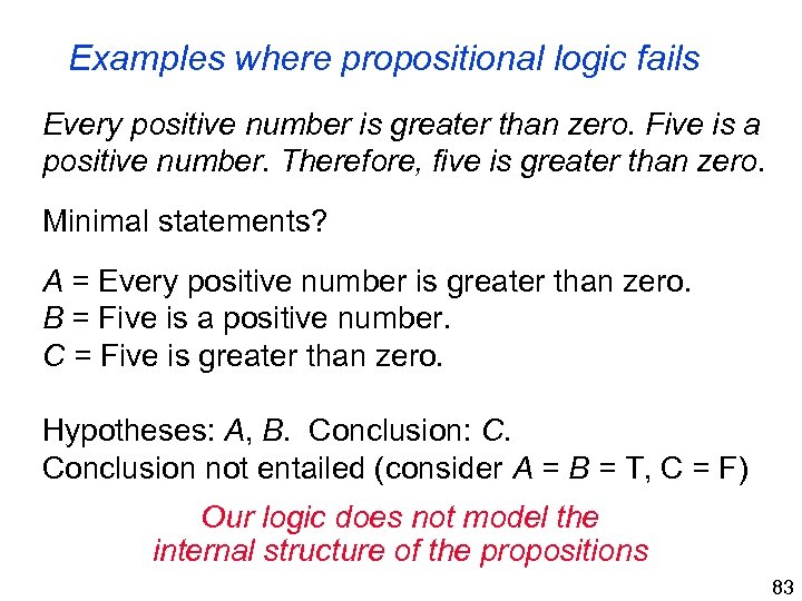 Examples where propositional logic fails Every positive number is greater than zero. Five is