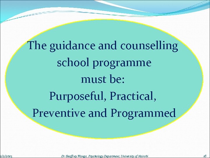 2/2/2015 The guidance and counselling school programme must be: Purposeful, Practical, Preventive and Programmed