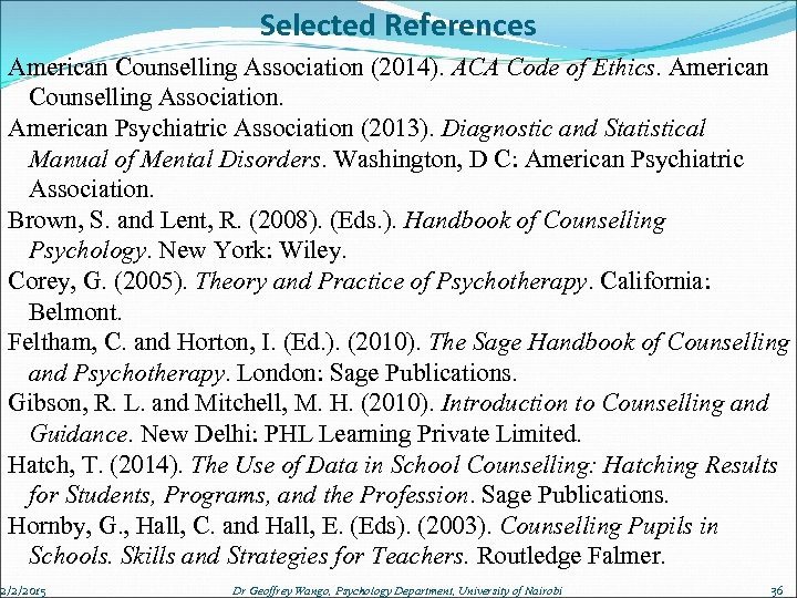 Selected References American Counselling Association (2014). ACA Code of Ethics. American Counselling Association. American