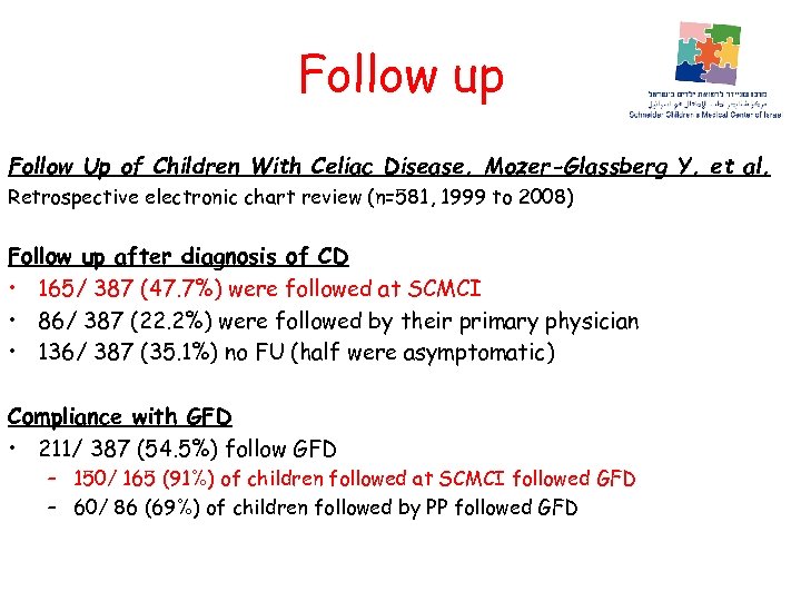 Follow up Follow Up of Children With Celiac Disease. Mozer-Glassberg Y, et al. Retrospective