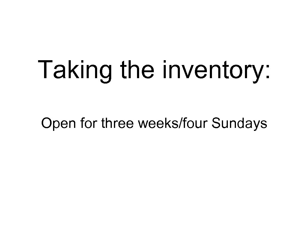 Taking the inventory: Open for three weeks/four Sundays 
