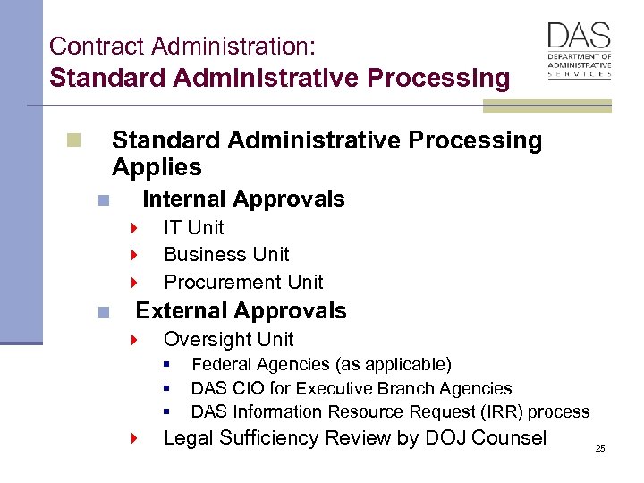 Contract Administration: Standard Administrative Processing Applies n n Internal Approvals } } } n
