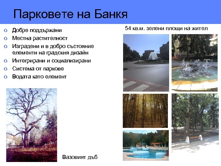 Парковете на Банкя o o o Добре поддържани Местна растителност Изградени и в добро