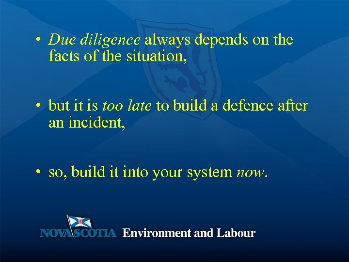  • Due diligence always depends on the facts of the situation, • but