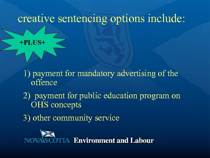 creative sentencing options include: +PLUS+ 1) payment for mandatory advertising of the offence 2)
