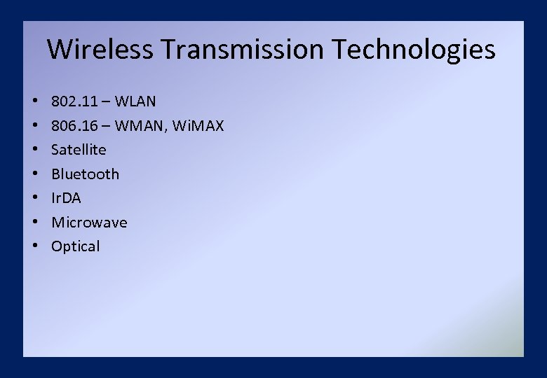 Wireless Transmission Technologies • • 802. 11 – WLAN 806. 16 – WMAN, Wi.