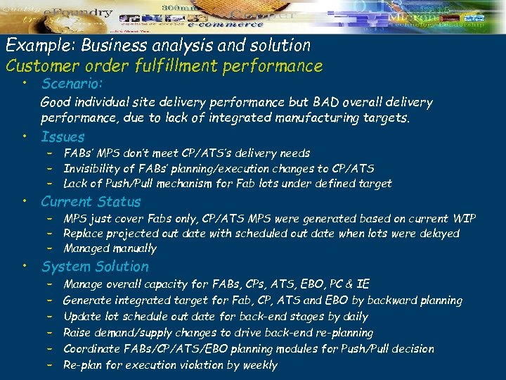 Example: Business analysis and solution Customer order fulfillment performance • Scenario: Good individual site