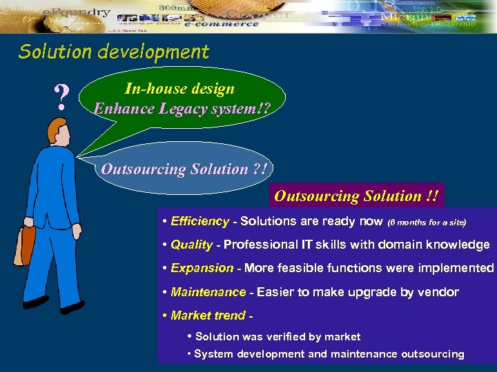 Solution development ? In-house design Enhance Legacy system!? Outsourcing Solution ? ! Outsourcing Solution