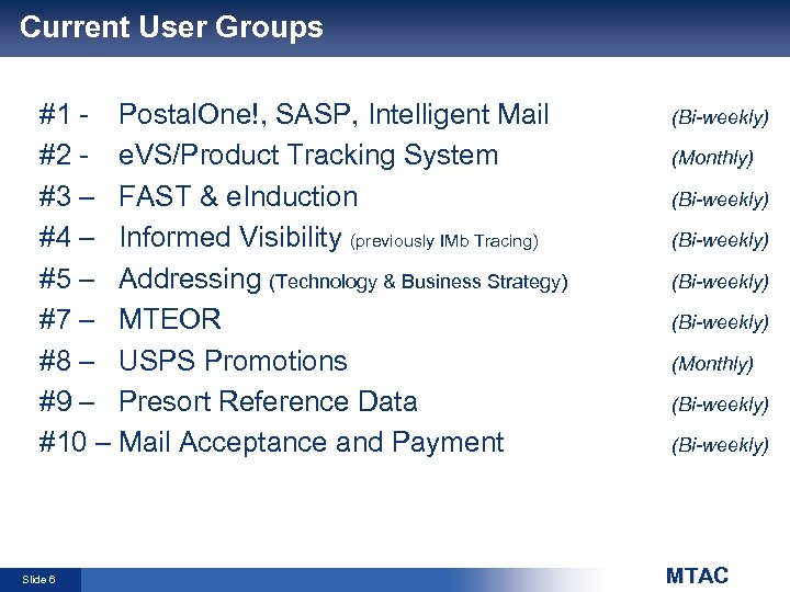 Current User Groups #1 - Postal. One!, SASP, Intelligent Mail #2 - e. VS/Product