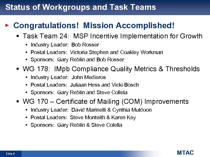 Status of Workgroups and Task Teams Congratulations! Mission Accomplished! § Task Team 24: MSP