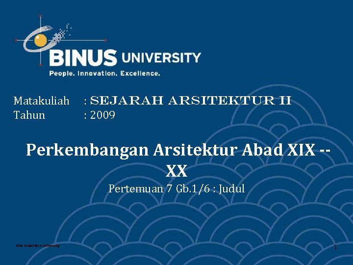 Matakuliah Tahun : SEJARAH ARSITEKTUR II : 2009 Perkembangan Arsitektur Abad XIX -XX Pertemuan