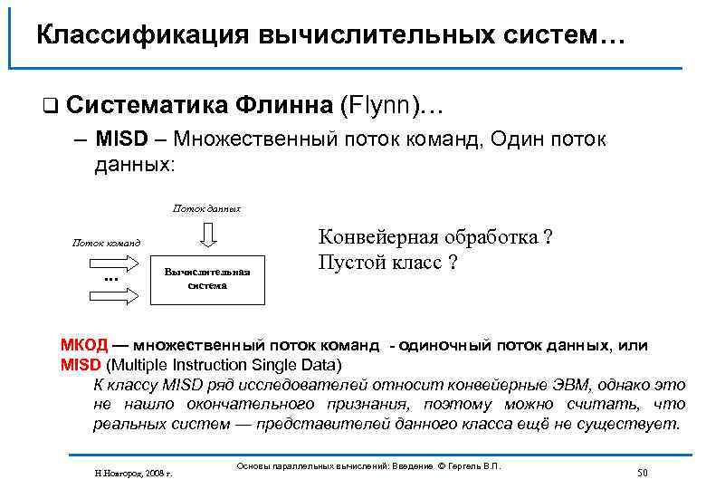 Классификация вычислительных систем… q Систематика Флинна (Flynn)… – MISD – Множественный поток команд, Один