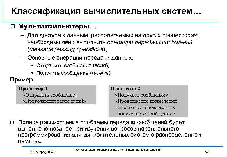Классификация вычислительных систем… q Мультикомпьютеры… – Для доступа к данным, располагаемых на других процессорах,