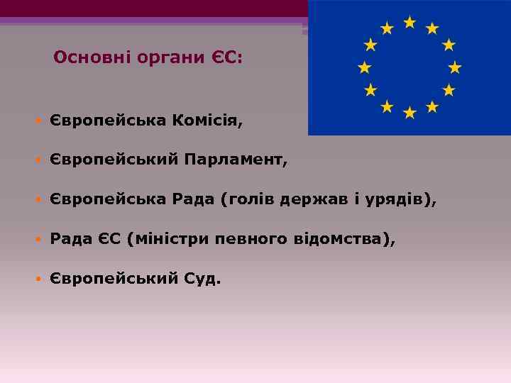 Основні органи ЄС: • Європейська Комісія, • Європейський Парламент, • Європейська Рада (голів держав