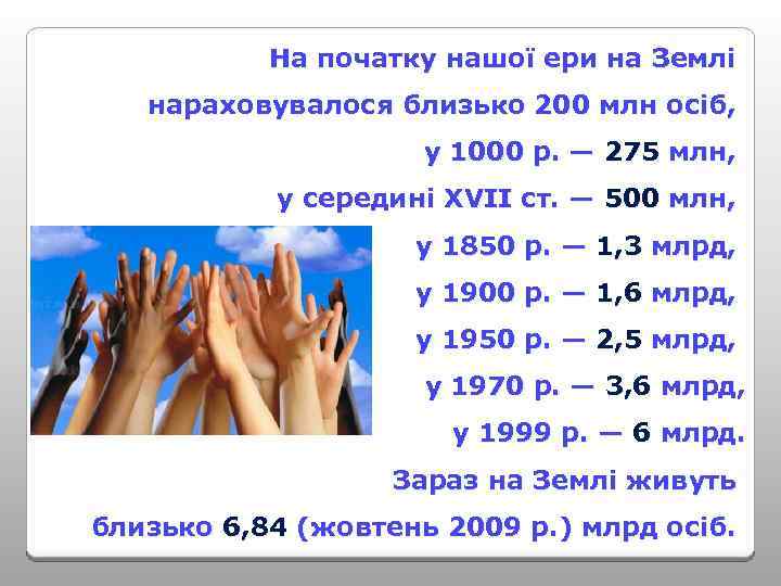 На початку нашої ери на Землі нараховувалося близько 200 млн осіб, у 1000 р.