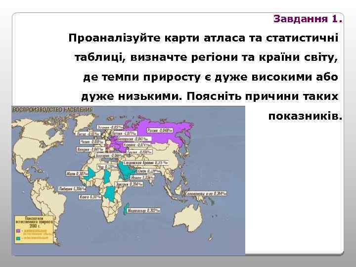 Завдання 1. Проаналізуйте карти атласа та статистичні таблиці, визначте регіони та країни світу, де