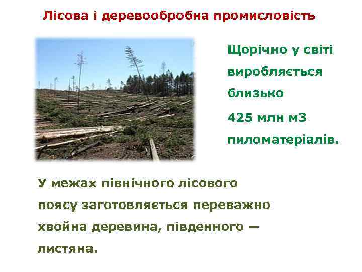 Лісова і деревообробна промисловість Щорічно у світі виробляється близько 425 млн м 3 пиломатеріалів.