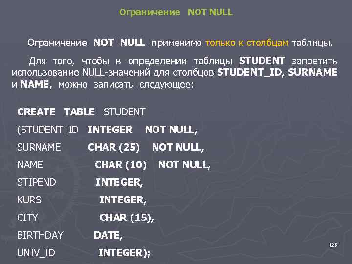 Ограничение NOT NULL применимо только к столбцам таблицы. Для того, чтобы в определении таблицы