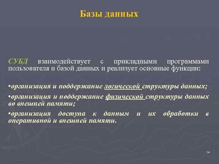 Базы данных СУБД взаимодействует с прикладными программами пользователя и базой данных и реализует основные