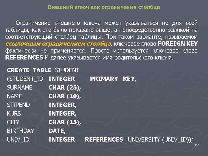 Внешний ключ как ограничение столбца Ограничение внешнего ключа может указываться не для всей таблицы,