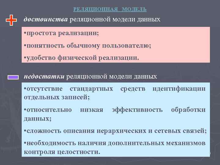 РЕЛЯЦИОННАЯ МОДЕЛЬ достоинства реляционной модели данных • простота реализации; • понятность обычному пользователю; •