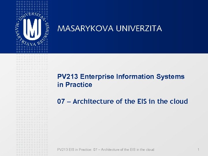 PV 213 Enterprise Information Systems in Practice 07 – Architecture of the EIS in