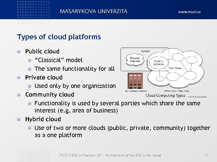 Types of cloud platforms Public cloud “Classical” model The same functionality for all Private