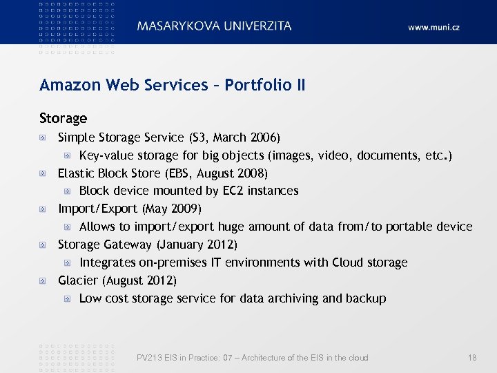 Amazon Web Services – Portfolio II Storage Simple Storage Service (S 3, March 2006)