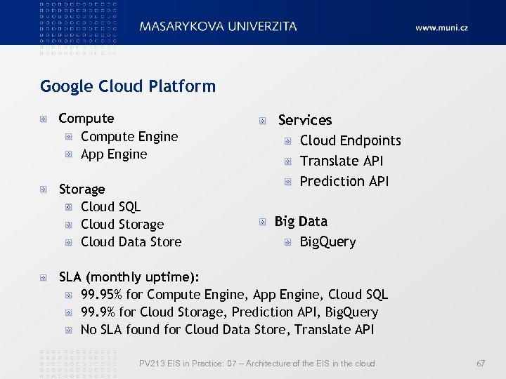 Google Cloud Platform Compute Engine App Engine Storage Cloud SQL Cloud Storage Cloud Data