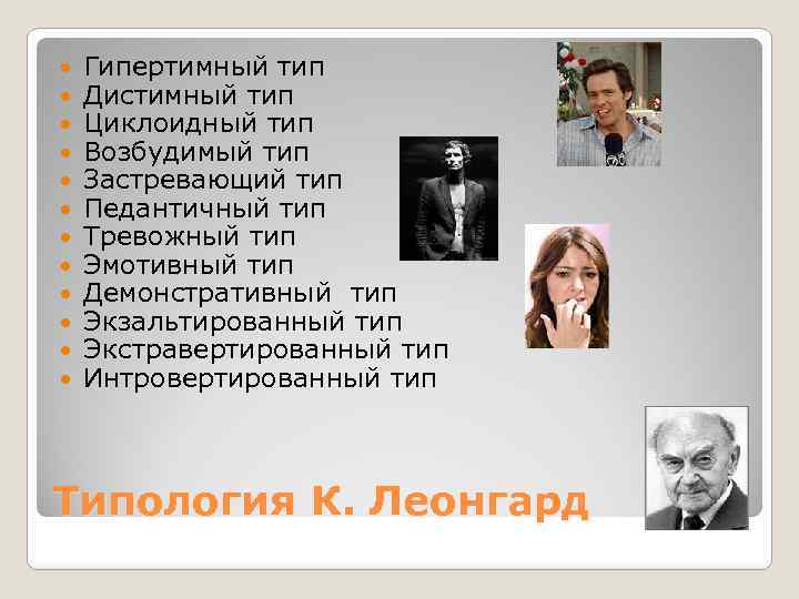  Гипертимный тип Дистимный тип Циклоидный тип Возбудимый тип Застревающий тип Педантичный тип Тревожный