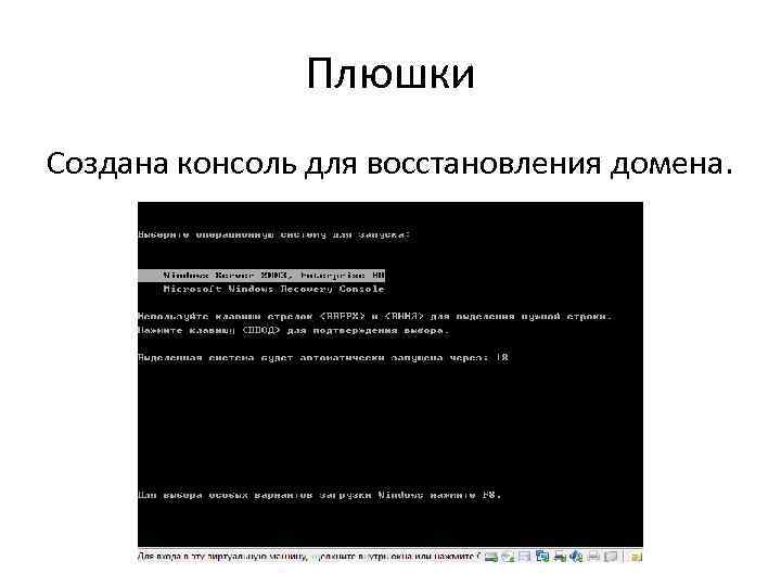 Плюшки Создана консоль для восстановления домена. 