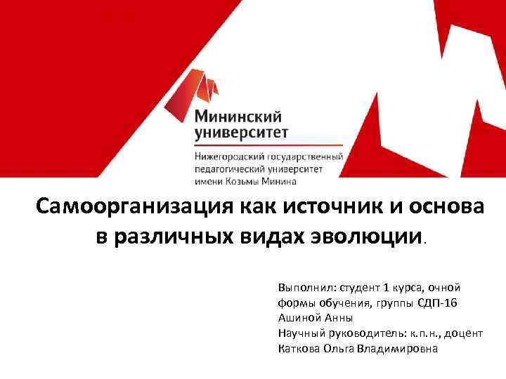 Самоорганизация как источник и основа в различных видах эволюции. Выполнил: студент 1 курса, очной