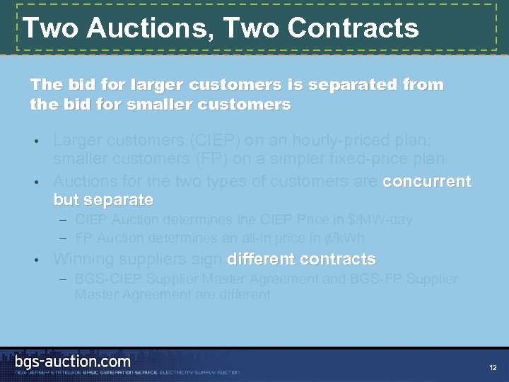 Two Auctions, Two Contracts The bid for larger customers is separated from the bid