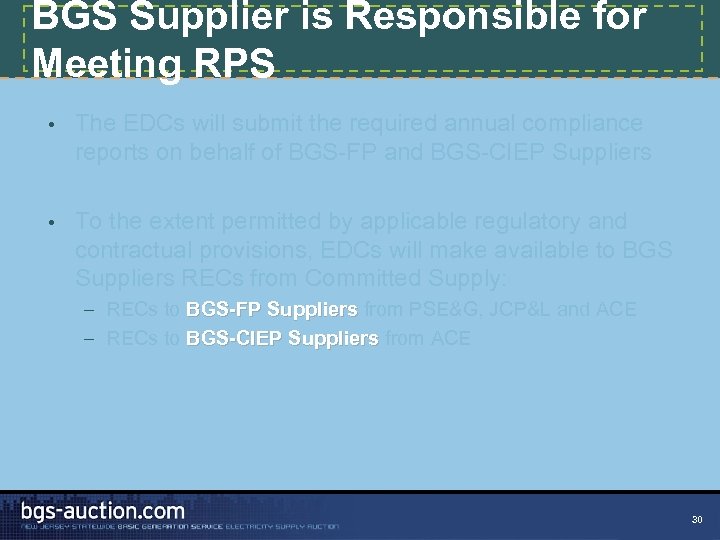 BGS Supplier is Responsible for Meeting RPS • The EDCs will submit the required