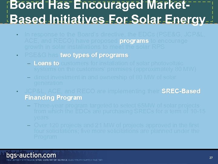 Board Has Encouraged Market. Based Initiatives For Solar Energy In response to the Board’s