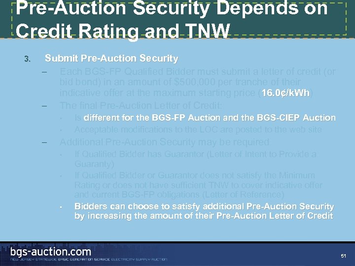 Pre-Auction Security Depends on Credit Rating and TNW 3. Submit Pre-Auction Security – Each