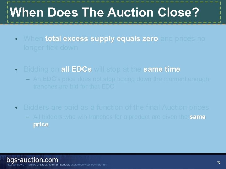 When Does The Auction Close? • When total excess supply equals zero and prices