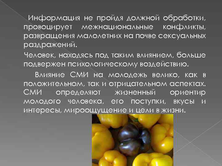 Информация не пройдя должной обработки, провоцирует межнациональные конфликты, развращения малолетних на почве сексуальных раздражений.