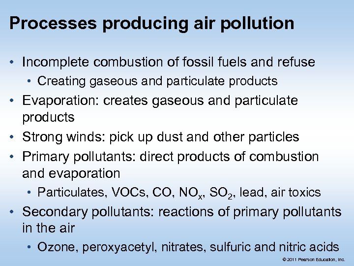 Processes producing air pollution • Incomplete combustion of fossil fuels and refuse • Creating