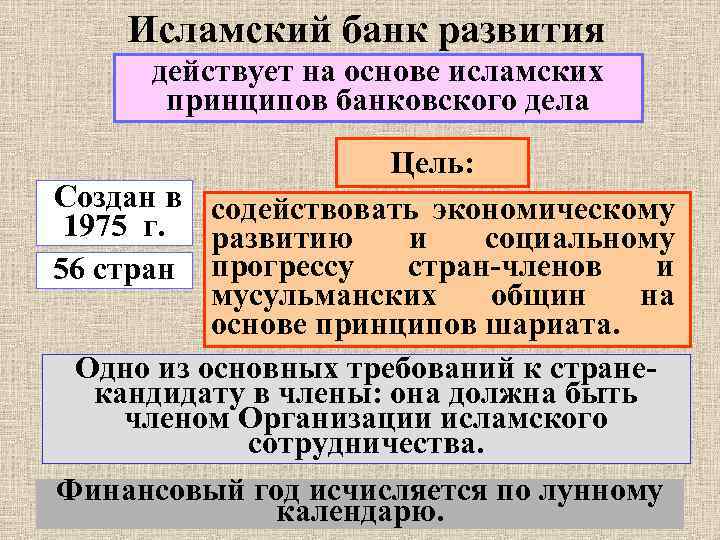 Исламский банк развития действует на основе исламских принципов банковского дела Цель: Создан в содействовать