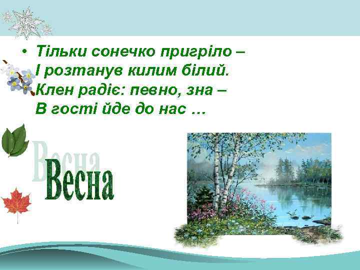  • Тільки сонечко пригріло – І розтанув килим білий. Клен радіє: певно, зна