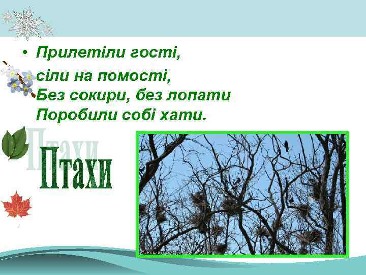  • Прилетіли гості, сіли на помості, Без сокири, без лопати Поробили собі хати.
