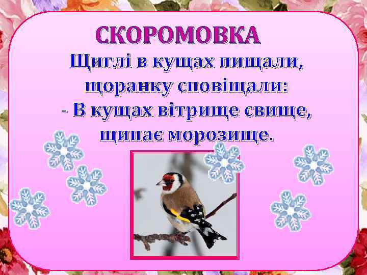 СКОРОМОВКА Щиглі в кущах пищали, щоранку сповіщали: - В кущах вітрище свище, щипає морозище.