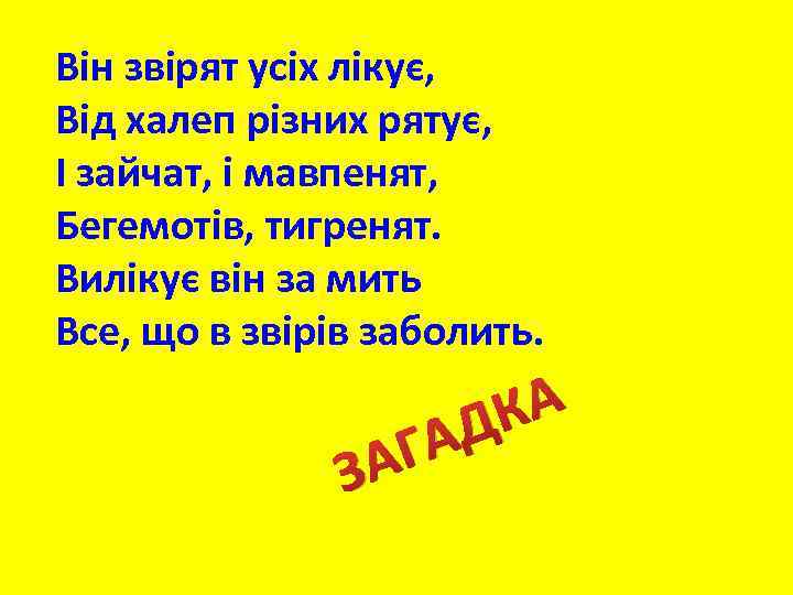 Він звірят усіх лікує, Від халеп різних рятує, І зайчат, і мавпенят, Бегемотів, тигренят.