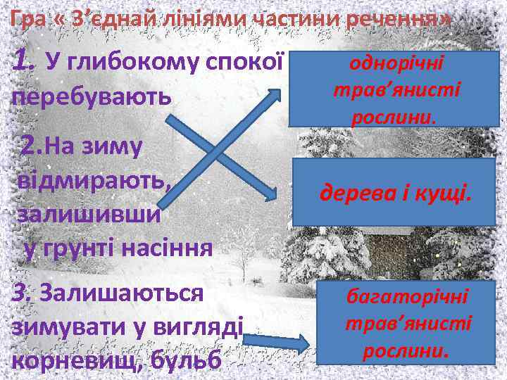 Гра « З’єднай лініями частини речення» 1. У глибокому спокої перебувають 2. На зиму