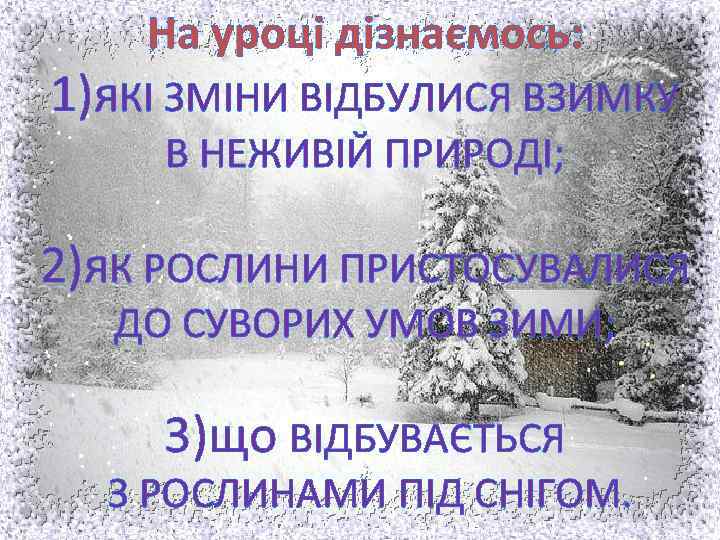 На уроці дізнаємось: 1)я. КІ ЗМІНИ ВІДБУЛИСЯ ВЗИМКУ В НЕЖИВІЙ ПРИРОДІ; 2)я. К РОСЛИНИ