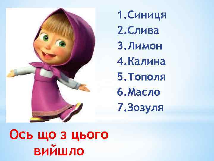 1. Синиця 2. Слива 3. Лимон 4. Калина 5. Тополя 6. Масло 7. Зозуля