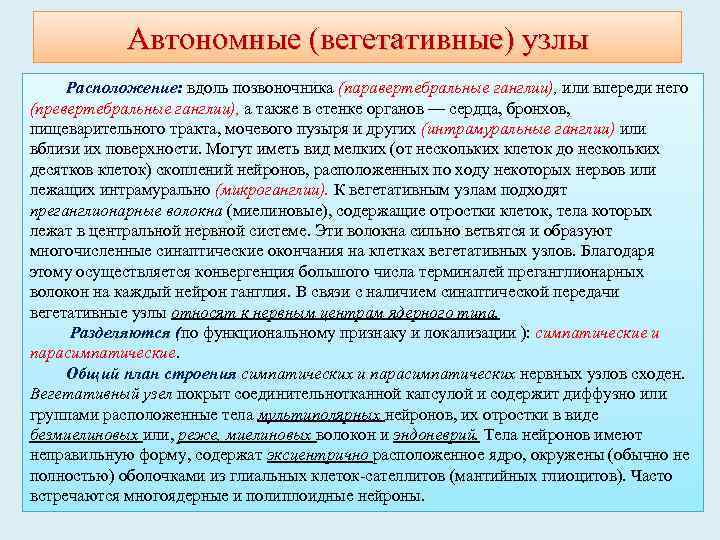 Автономные (вегетативные) узлы Расположение: вдоль позвоночника (паравертебральные ганглии), или впереди него (превертебральные ганглии), а