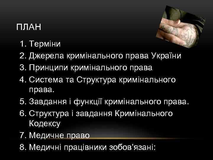 ПЛАН 1. Терміни 2. Джерела кримінального права України 3. Принципи кримінального права 4. Система